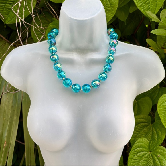 Natasha Couture Clear Blue Acrylic Ball Necklace Retro Iridescent Gold Cocktail - Picture 3 of 13